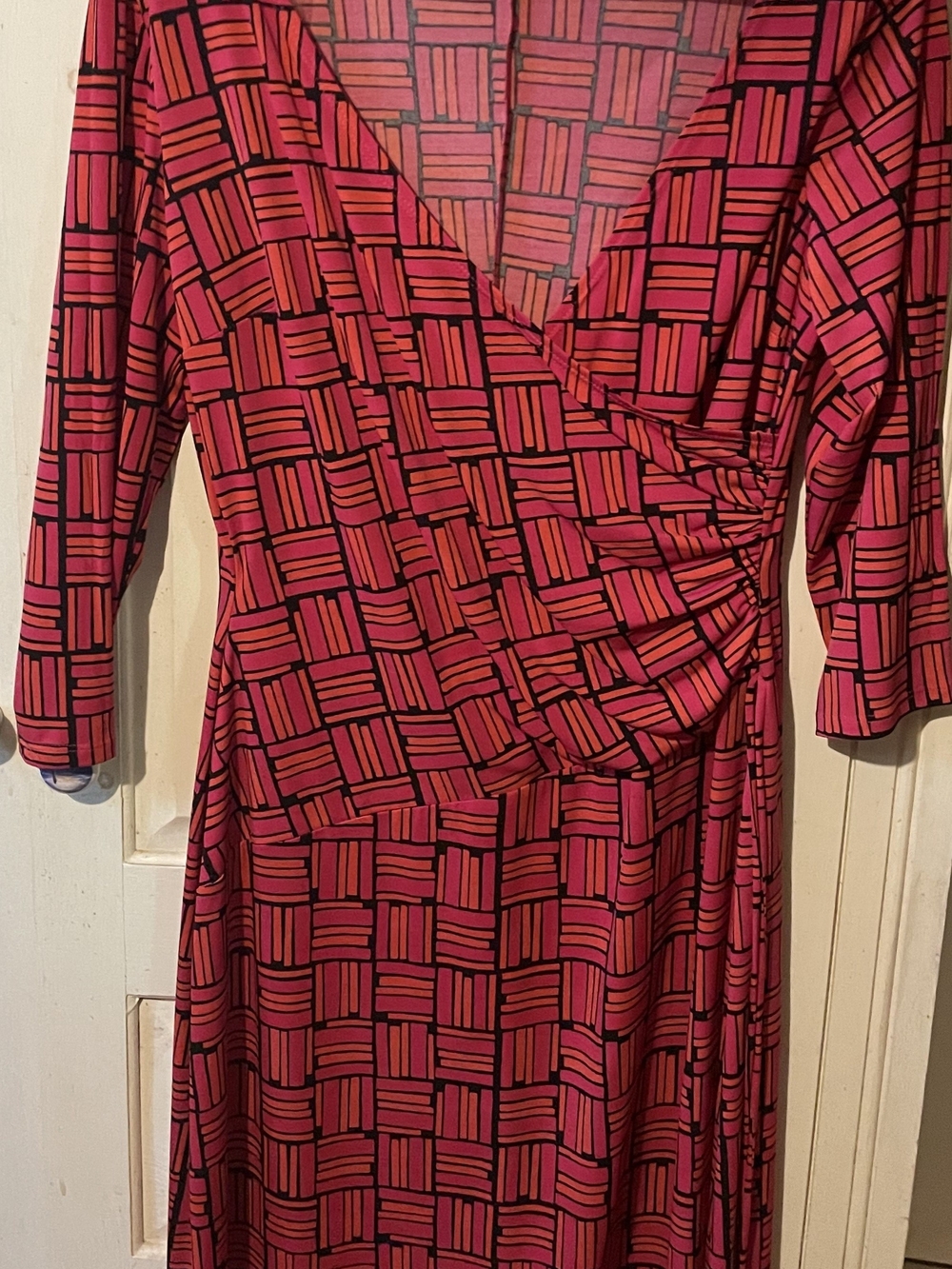 Evan Picone Red & Black Geometric Wrap-Style Midi Dress